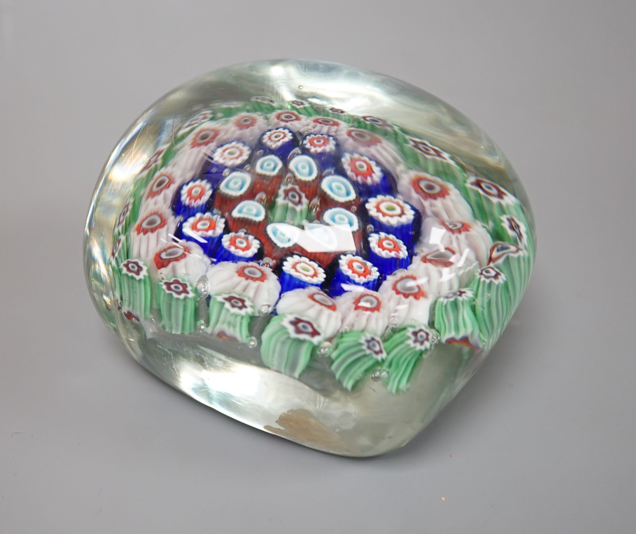 An unusual rectangular millefiori glass paperweight, probably Murano, 9.4cm